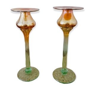 RICK STRINI Amber & Green Blown Art Glass Candlesticks Artist Signed Set of 2